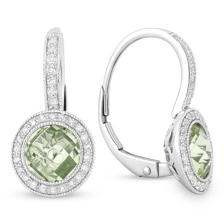 Beautiful Hand Crafted 14K White Gold  Green Amethyst And Diamond Eclectica Collection Drop Dangle Earrings With A Lever Back Closure