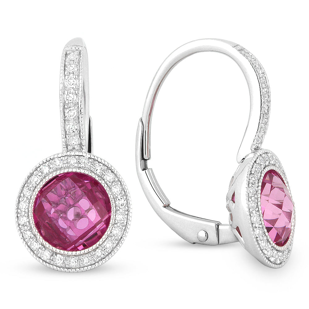 Beautiful Hand Crafted 14K White Gold  Created Pink Sapphire And Diamond Eclectica Collection Drop Dangle Earrings With A Lever Back Closure