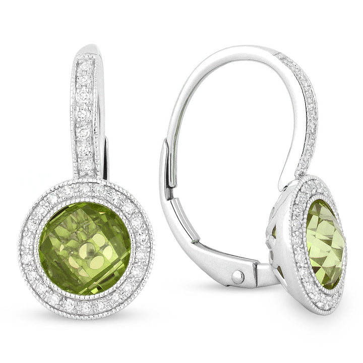 Beautiful Hand Crafted 14K White Gold  Peridot And Diamond Eclectica Collection Drop Dangle Earrings With A Lever Back Closure