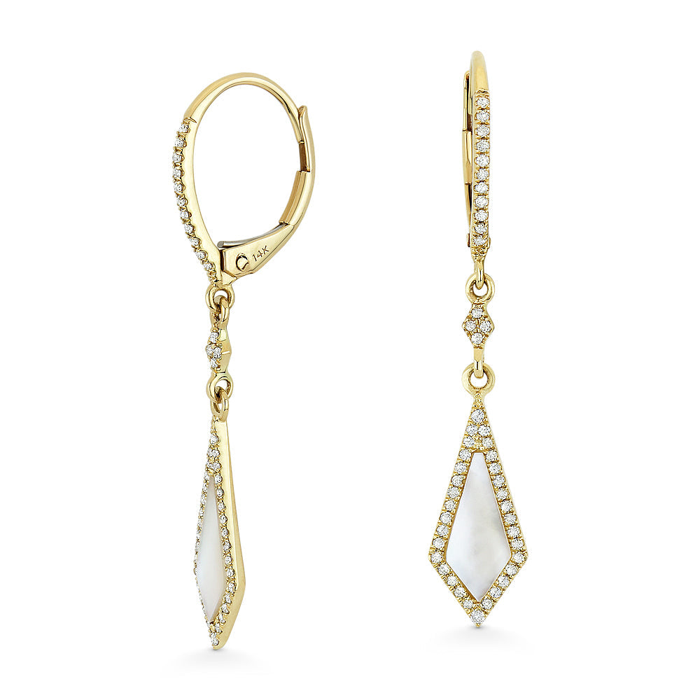 Beautiful Hand Crafted 14K Yellow Gold 4x10MM Mother Of Pearl And Diamond Stiletto Collection Drop Dangle Earrings With A Lever Back Closure
