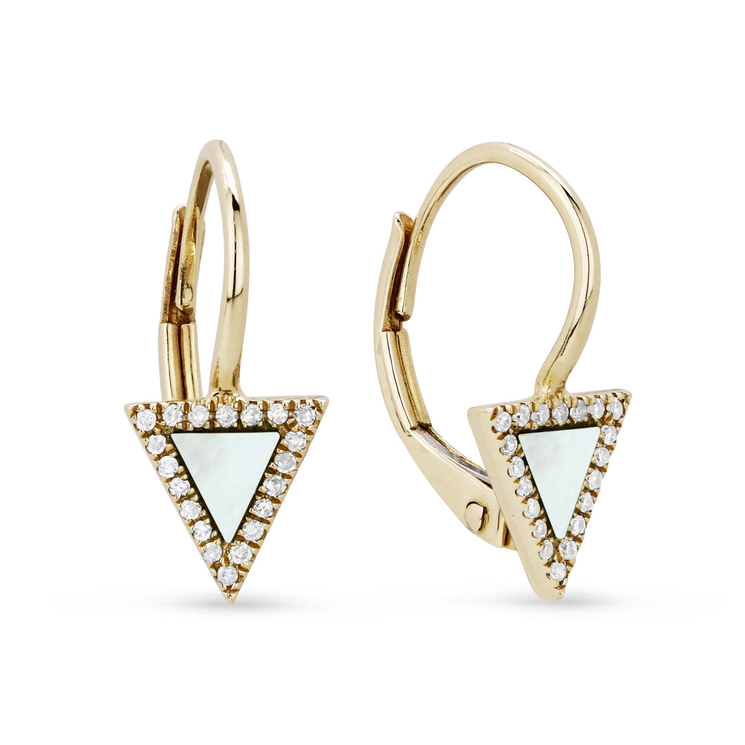 Beautiful Hand Crafted 14K Yellow Gold  Mother Of Pearl And Diamond Stiletto Collection Drop Dangle Earrings With A Lever Back Closure