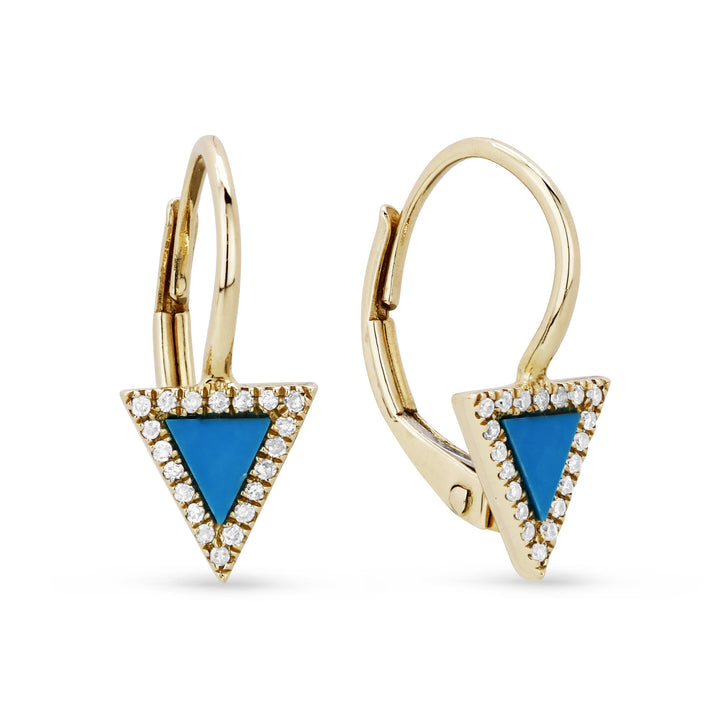 Beautiful Hand Crafted 14K Yellow Gold  Turquoise And Diamond Stiletto Collection Drop Dangle Earrings With A Lever Back Closure