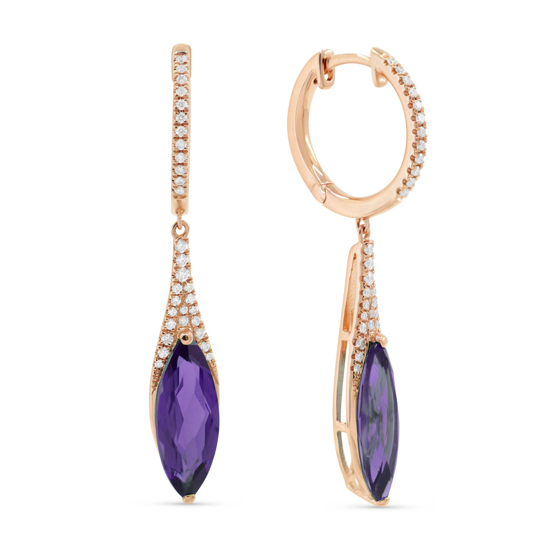 Beautiful Hand Crafted 14K Rose Gold 6x15MM Amethyst And Diamond Essentials Collection Drop Dangle Earrings With A Lever Back Closure