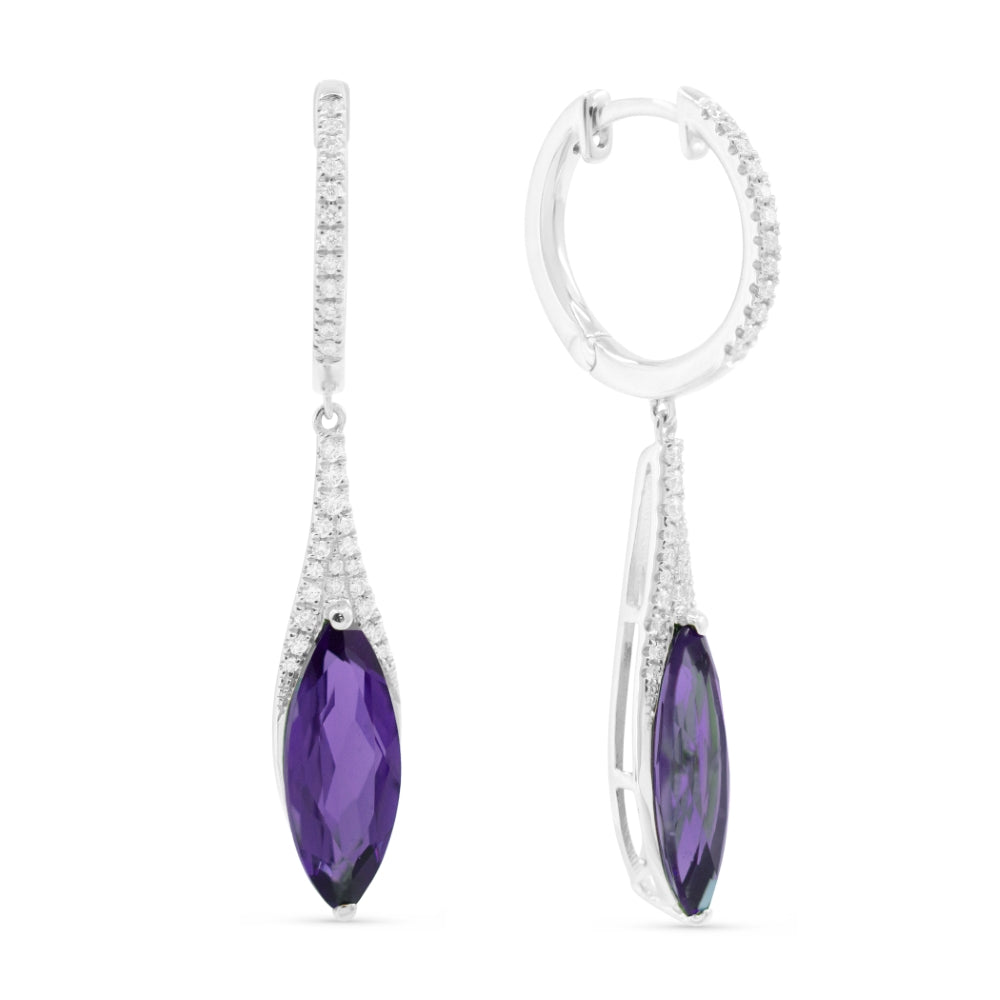 Beautiful Hand Crafted 14K White Gold 6x15MM Amethyst And Diamond Essentials Collection Drop Dangle Earrings With A Lever Back Closure