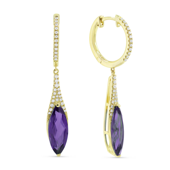 Beautiful Hand Crafted 14K Yellow Gold 6x15MM Amethyst And Diamond Essentials Collection Drop Dangle Earrings With A Lever Back Closure