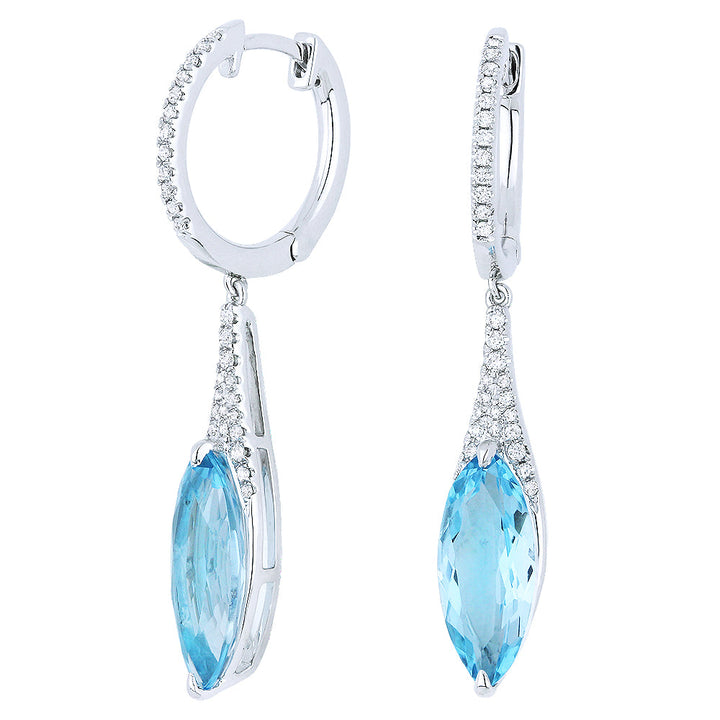 Beautiful Hand Crafted 14K White Gold 6x15MM Blue Topaz And Diamond Essentials Collection Drop Dangle Earrings With A Lever Back Closure
