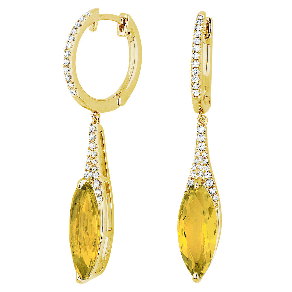 Beautiful Hand Crafted 14K Yellow Gold 6x15MM Citrine And Diamond Essentials Collection Drop Dangle Earrings With A Lever Back Closure