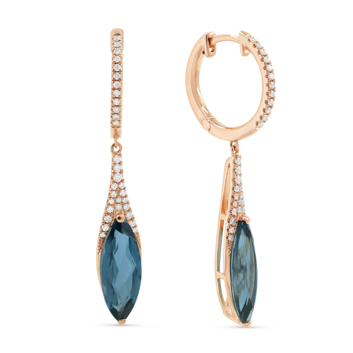Beautiful Hand Crafted 14K Rose Gold 6x15MM London Blue Topaz And Diamond Essentials Collection Drop Dangle Earrings With A Lever Back Closure