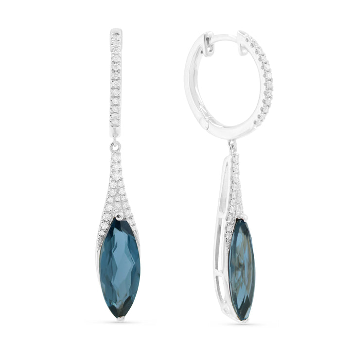 Beautiful Hand Crafted 14K White Gold 6x15MM London Blue Topaz And Diamond Essentials Collection Drop Dangle Earrings With A Lever Back Closure
