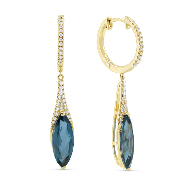 Beautiful Hand Crafted 14K Yellow Gold 6x15MM London Blue Topaz And Diamond Essentials Collection Drop Dangle Earrings With A Lever Back Closure