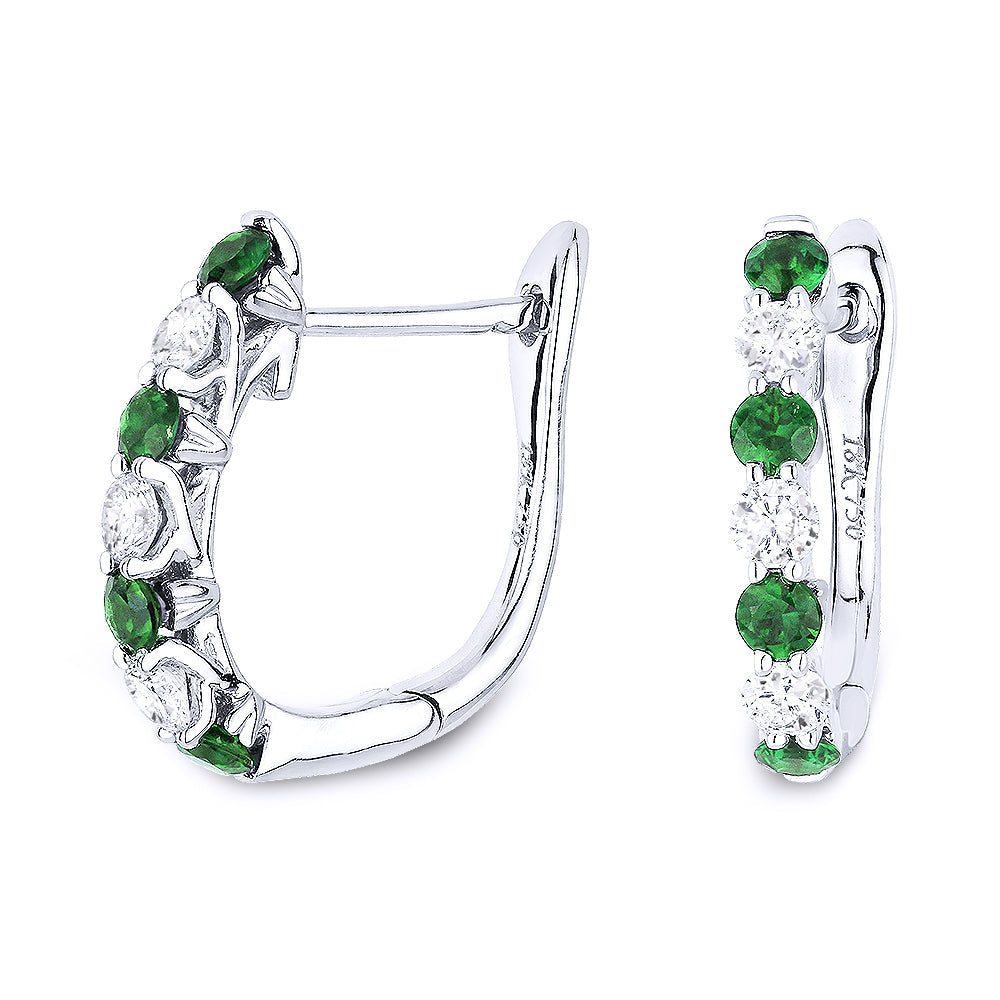 Beautiful Hand Crafted 14K White Gold 15MM Emerald And Diamond Arianna Collection Hoop Earrings With A Hoop Closure