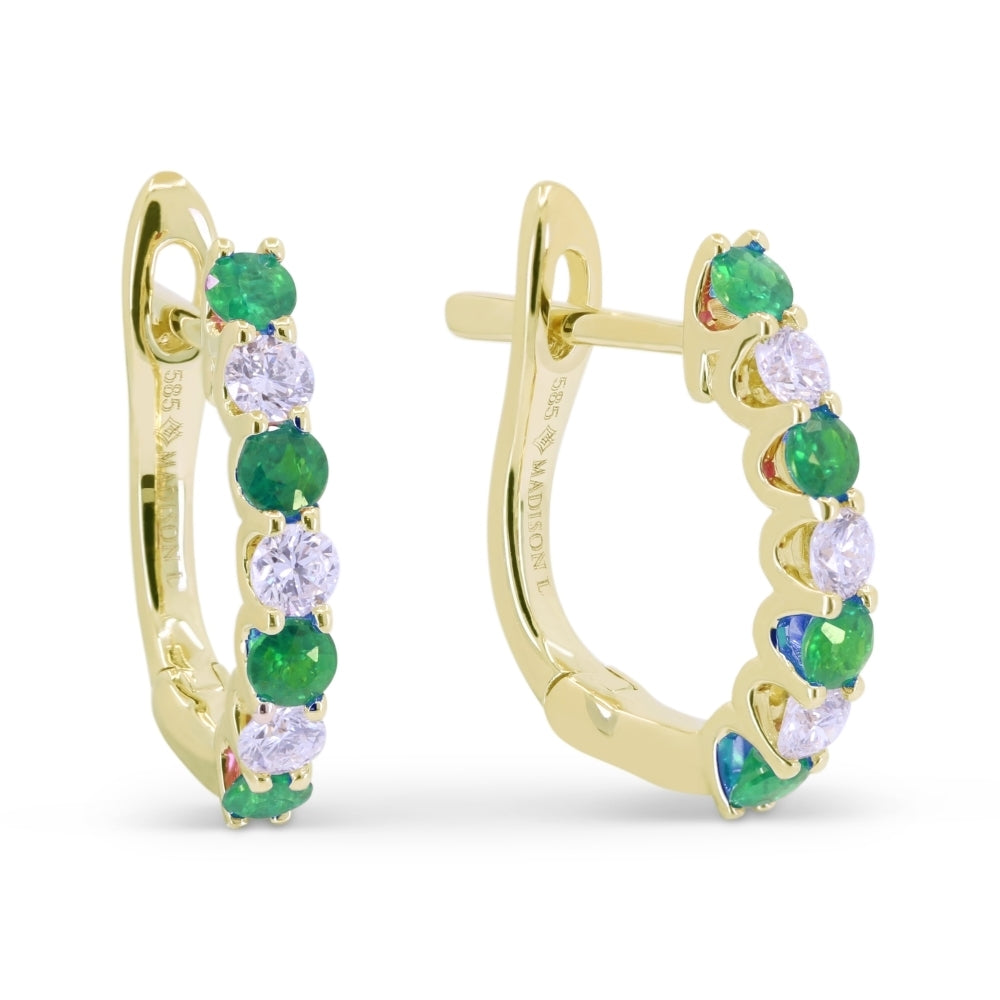 Beautiful Hand Crafted 14K Yellow Gold 15MM Emerald And Diamond Arianna Collection Hoop Earrings With A Hoop Closure