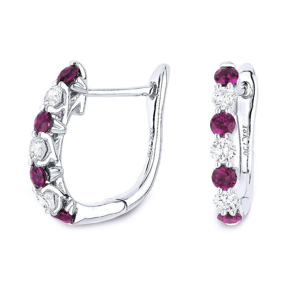 Beautiful Hand Crafted 14K White Gold 15MM Ruby And Diamond Arianna Collection Hoop Earrings With A Hoop Closure