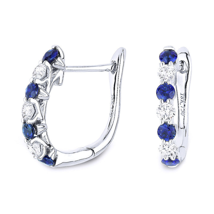 Beautiful Hand Crafted 14K White Gold 15MM Sapphire And Diamond Arianna Collection Hoop Earrings With A Hoop Closure