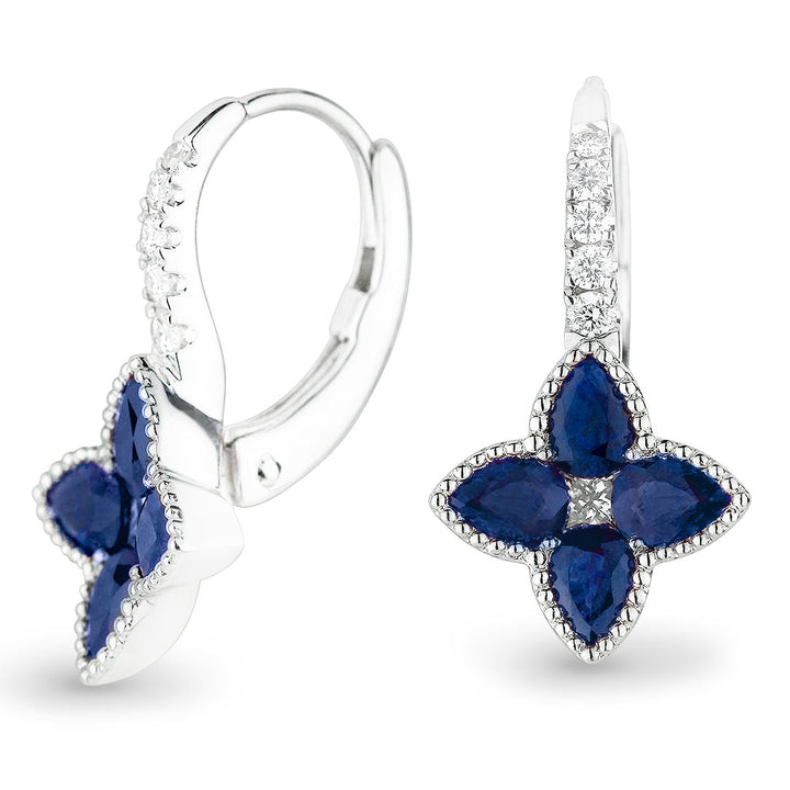 Beautiful Hand Crafted 18K White Gold  Sapphire And Diamond Arianna Collection Drop Dangle Earrings With A Lever Back Closure