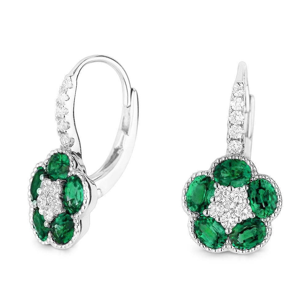 Beautiful Hand Crafted 18K White Gold  Emerald And Diamond Arianna Collection Drop Dangle Earrings With A Lever Back Closure