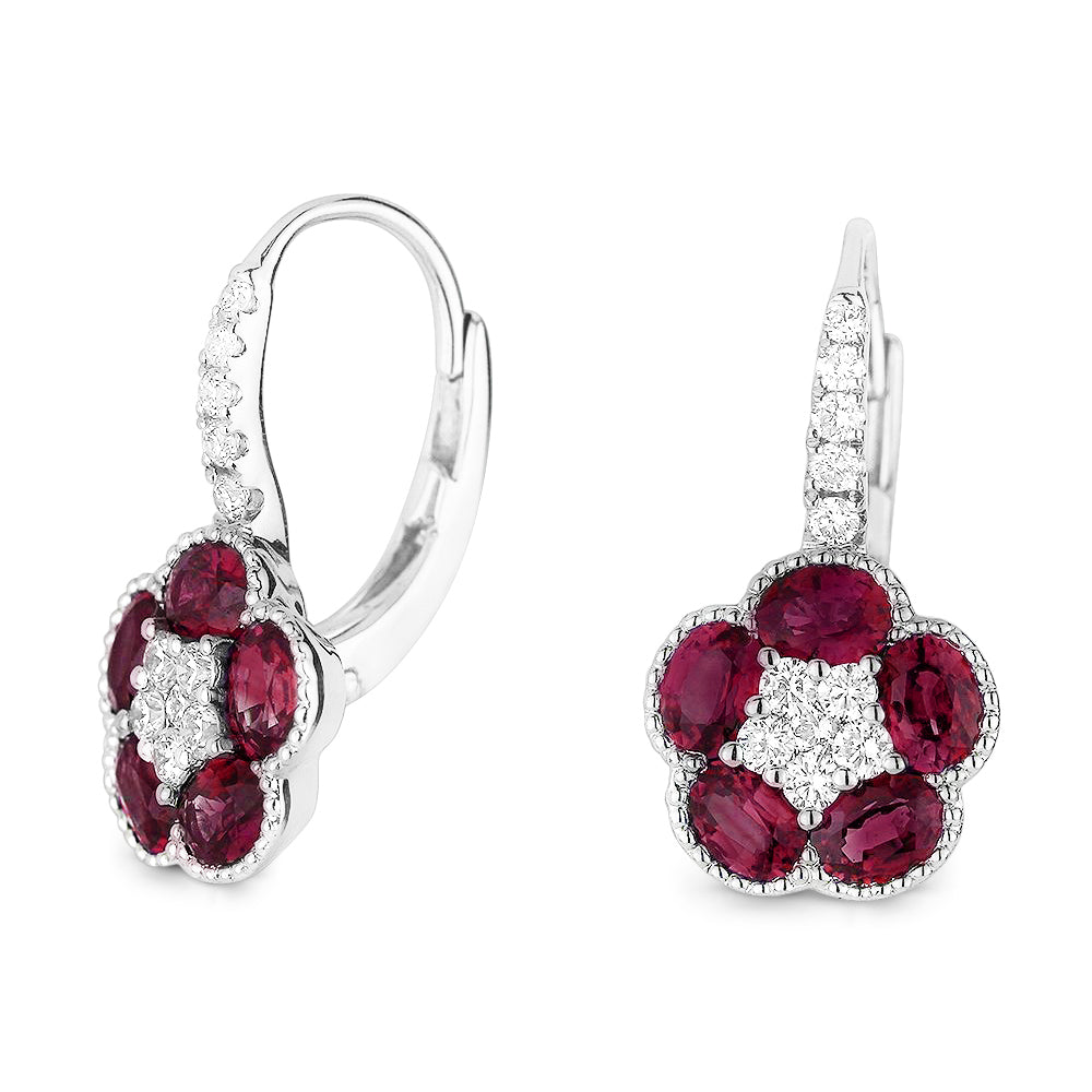 Beautiful Hand Crafted 18K White Gold  Ruby And Diamond Arianna Collection Drop Dangle Earrings With A Lever Back Closure