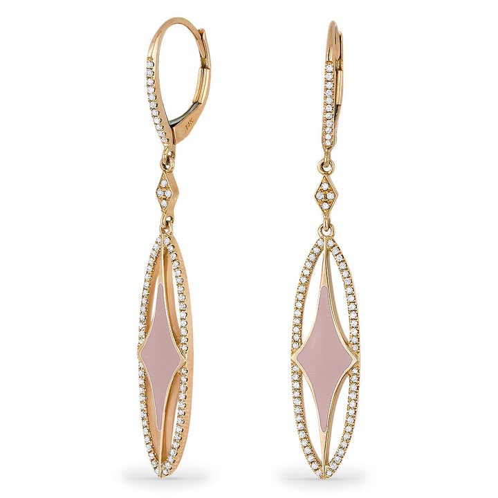 Beautiful Hand Crafted 14K Rose Gold  Pink Mother Of Pearl And Diamond Stiletto Collection Drop Dangle Earrings With A Lever Back Closure