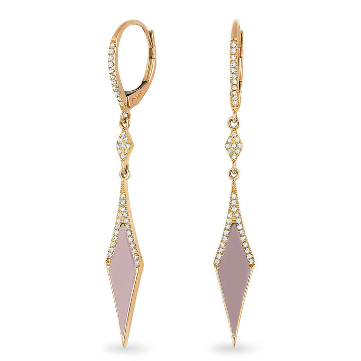 Beautiful Hand Crafted 14K Rose Gold  Pink Mother Of Pearl And Diamond Stiletto Collection Drop Dangle Earrings With A Lever Back Closure