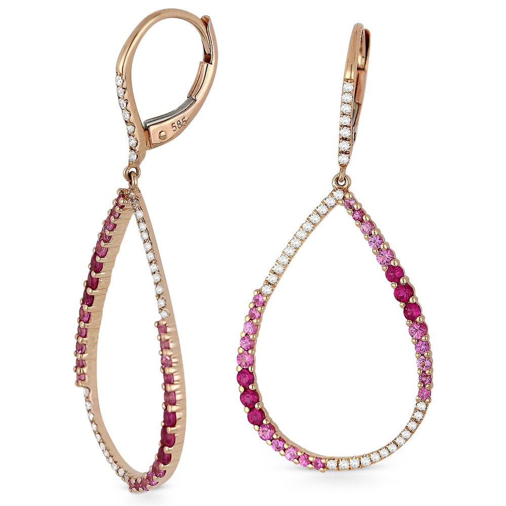 Beautiful Hand Crafted 14K Rose Gold  Pink Sapphire And Diamond Arianna Collection Drop Dangle Earrings With A Lever Back Closure