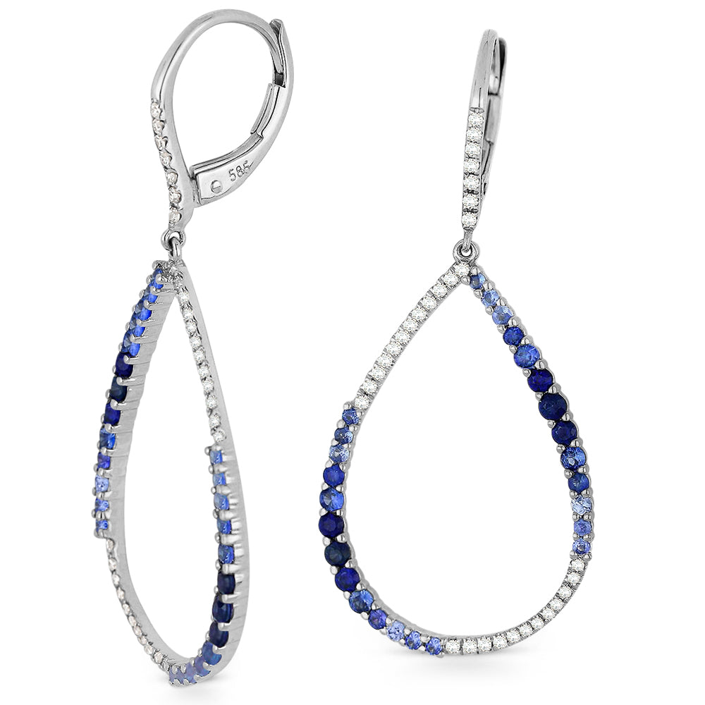 Beautiful Hand Crafted 14K White Gold  Sapphire And Diamond Arianna Collection Drop Dangle Earrings With A Lever Back Closure