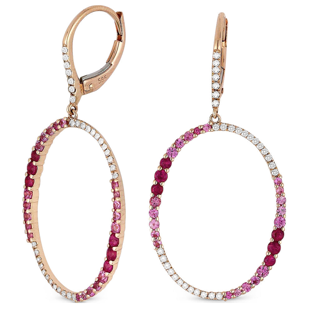 Beautiful Hand Crafted 14K Rose Gold  Pink Sapphire And Diamond Arianna Collection Drop Dangle Earrings With A Lever Back Closure