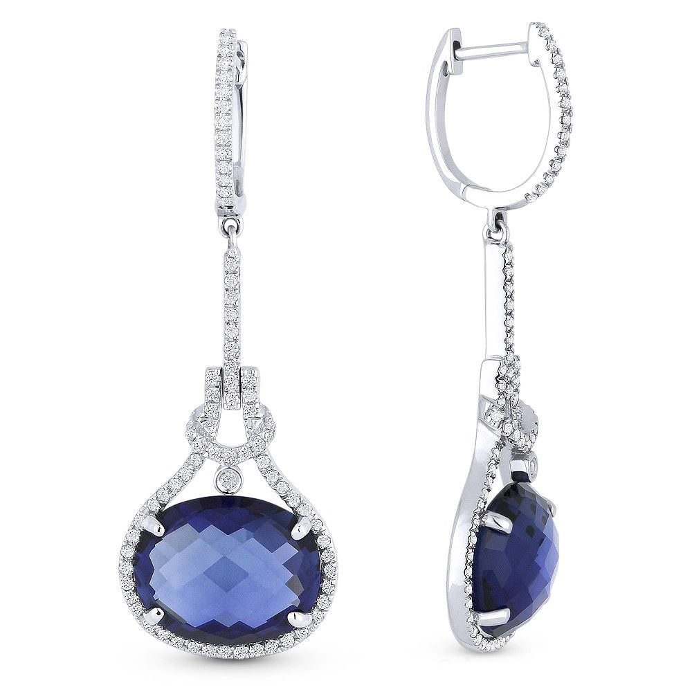 Beautiful Hand Crafted 14K White Gold 15x10MM Created Sapphire And Diamond Eclectica Collection Drop Dangle Earrings With A Lever Back Closure
