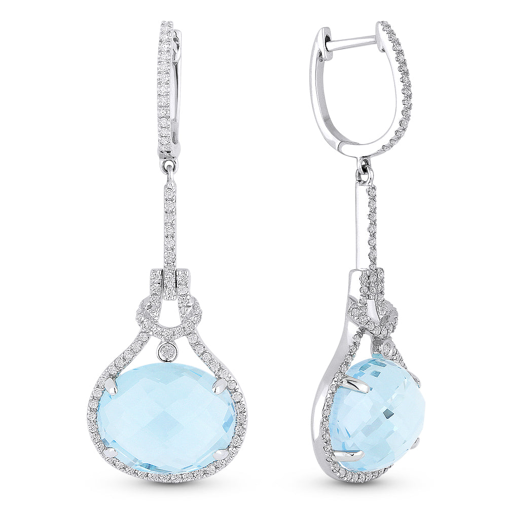 Beautiful Hand Crafted 14K White Gold 15x10MM Blue Topaz And Diamond Eclectica Collection Drop Dangle Earrings With A Lever Back Closure