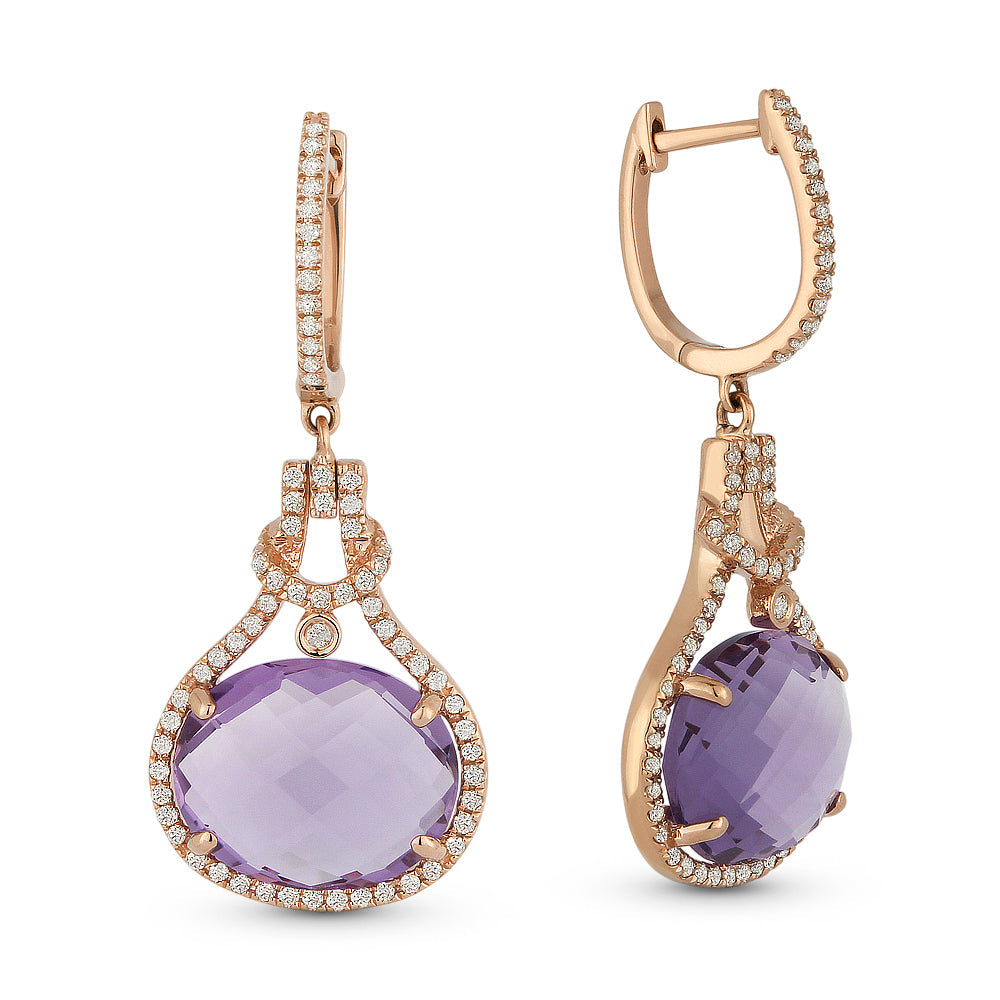 Beautiful Hand Crafted 14K Rose Gold 12x10MM Amethyst And Diamond Eclectica Collection Drop Dangle Earrings With A Lever Back Closure