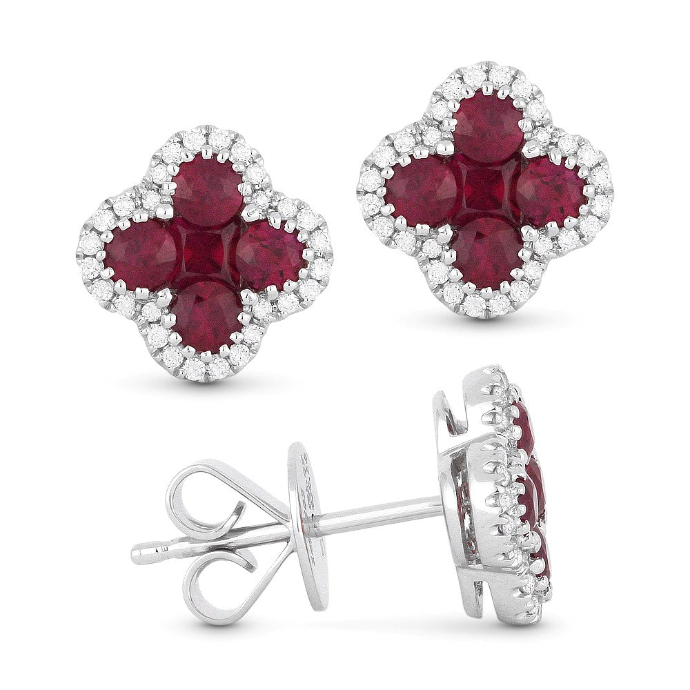 Beautiful Hand Crafted 14K White Gold  Ruby And Diamond Arianna Collection Stud Earrings With A Push Back Closure