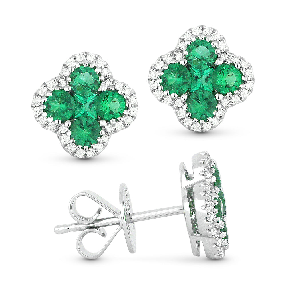 Beautiful Hand Crafted 14K White Gold 3MM Emerald And Diamond Arianna Collection Stud Earrings With A Push Back Closure