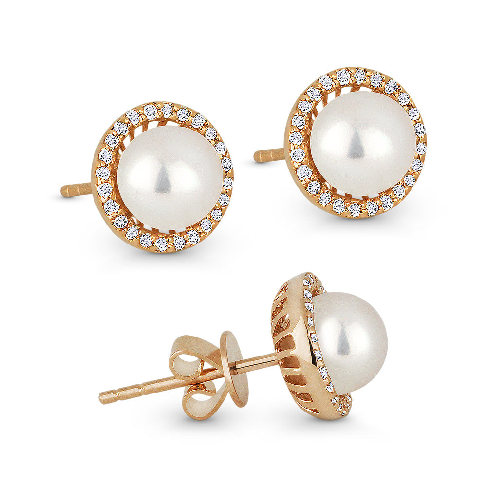 Beautiful Hand Crafted 14K Rose Gold 6MM Pearl And Diamond Essentials Collection Stud Earrings With A Push Back Closure