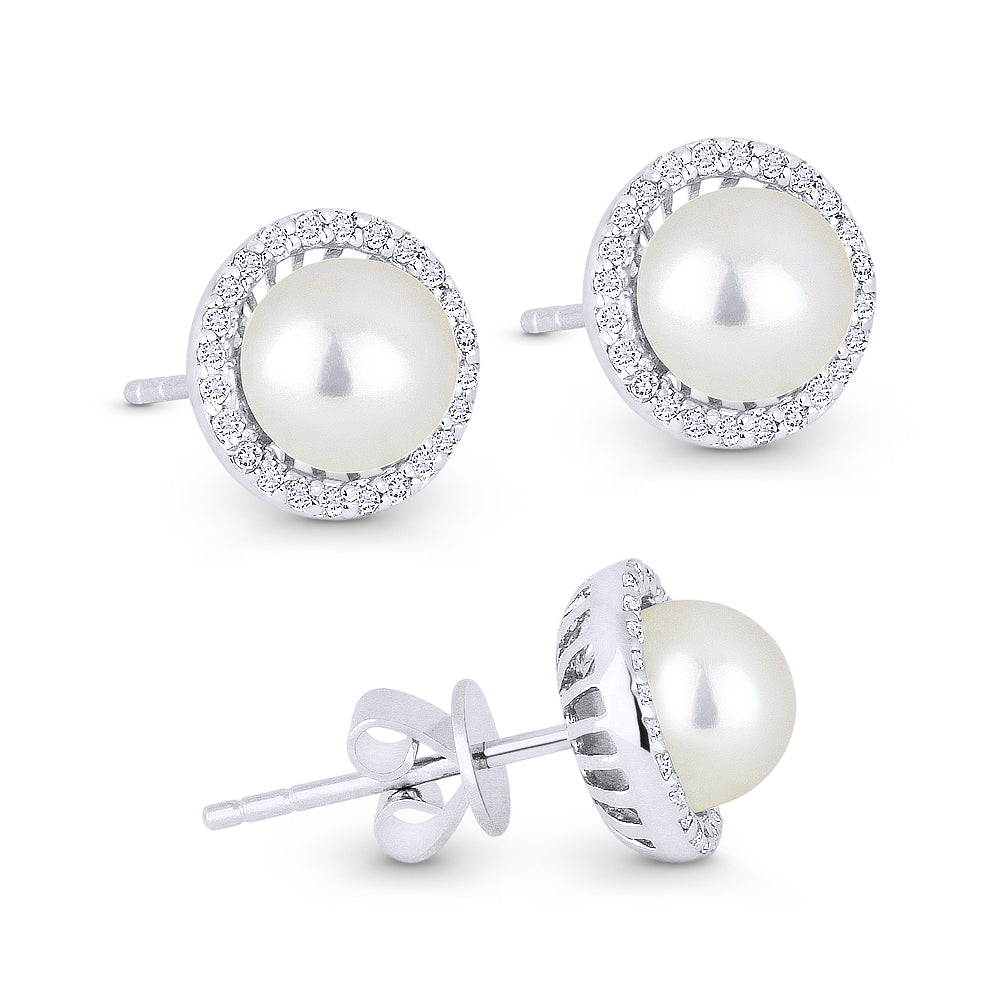 Beautiful Hand Crafted 14K White Gold 6MM Pearl And Diamond Essentials Collection Stud Earrings With A Push Back Closure