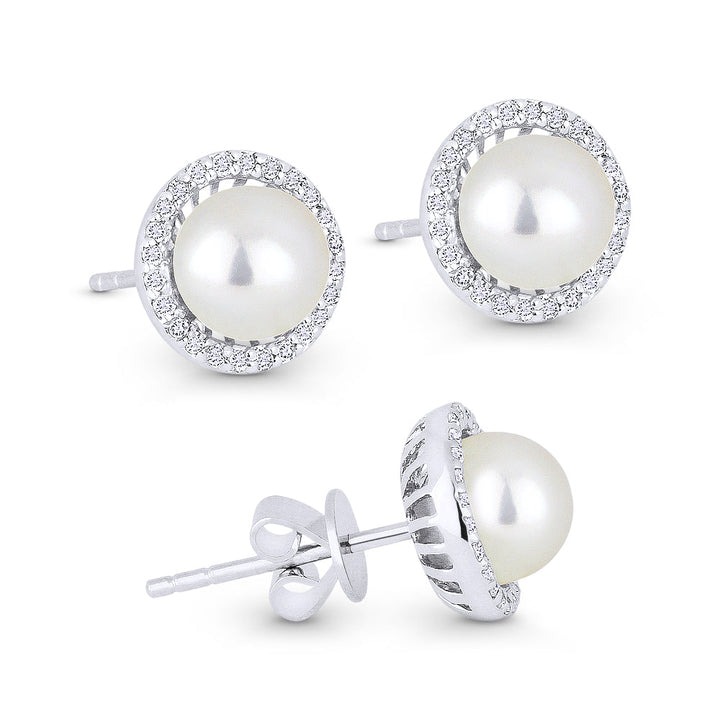 Beautiful Hand Crafted 14K White Gold 6MM Pearl And Diamond Essentials Collection Stud Earrings With A Push Back Closure
