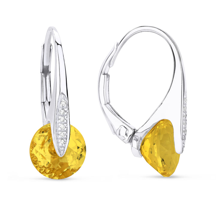 Beautiful Hand Crafted 14K White Gold 8MM Citrine And Diamond Eclectica Collection Drop Dangle Earrings With A Lever Back Closure