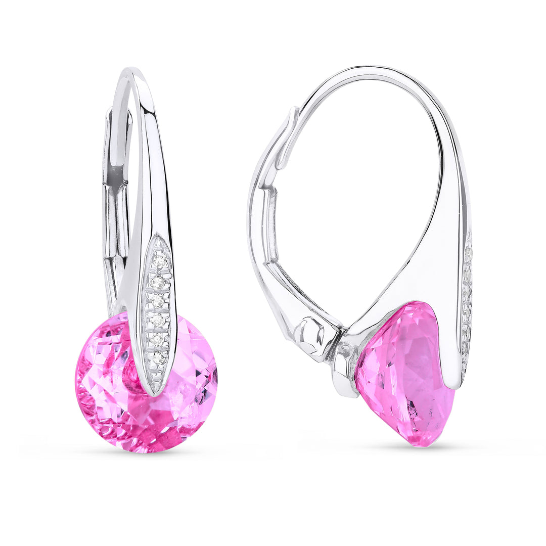 Beautiful Hand Crafted 14K White Gold 8MM Created Pink Sapphire And Diamond Eclectica Collection Drop Dangle Earrings With A Lever Back Closure