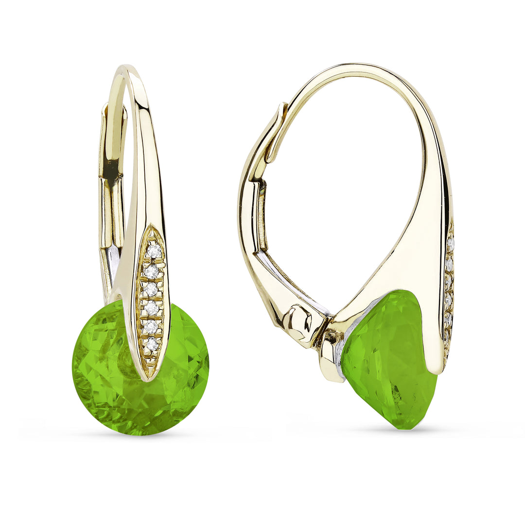 Beautiful Hand Crafted 14K Yellow Gold 8MM Peridot And Diamond Eclectica Collection Drop Dangle Earrings With A Lever Back Closure