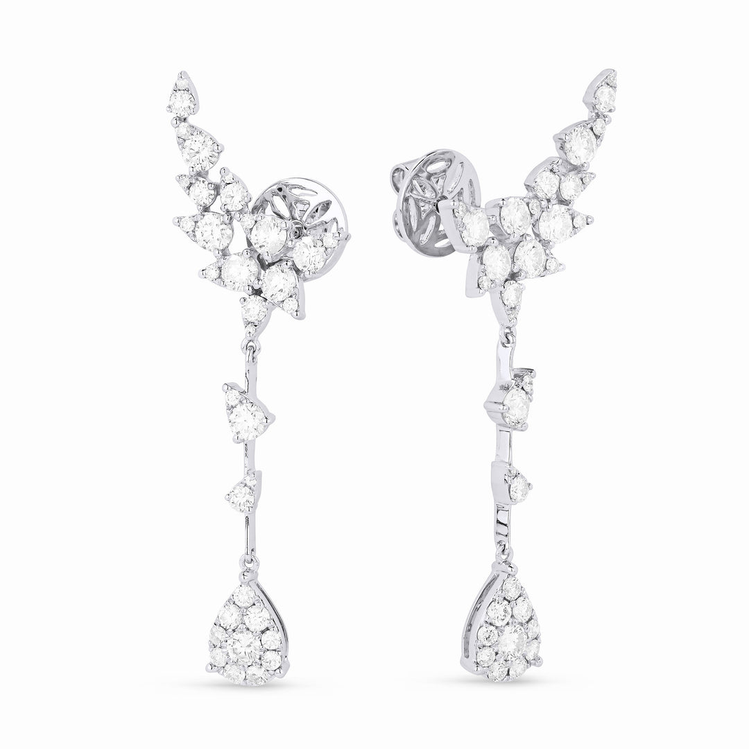 Beautiful Hand Crafted 14K White Gold White Diamond Milano Collection Ear Climber Earrings With A Push Back Closure