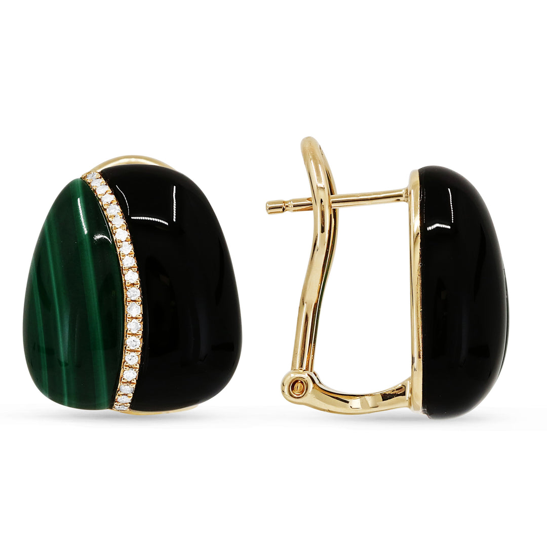 Beautiful Hand Crafted 14K Yellow Gold  Malachite And Diamond Milano Collection Stud Earrings With A Omega Back Closure