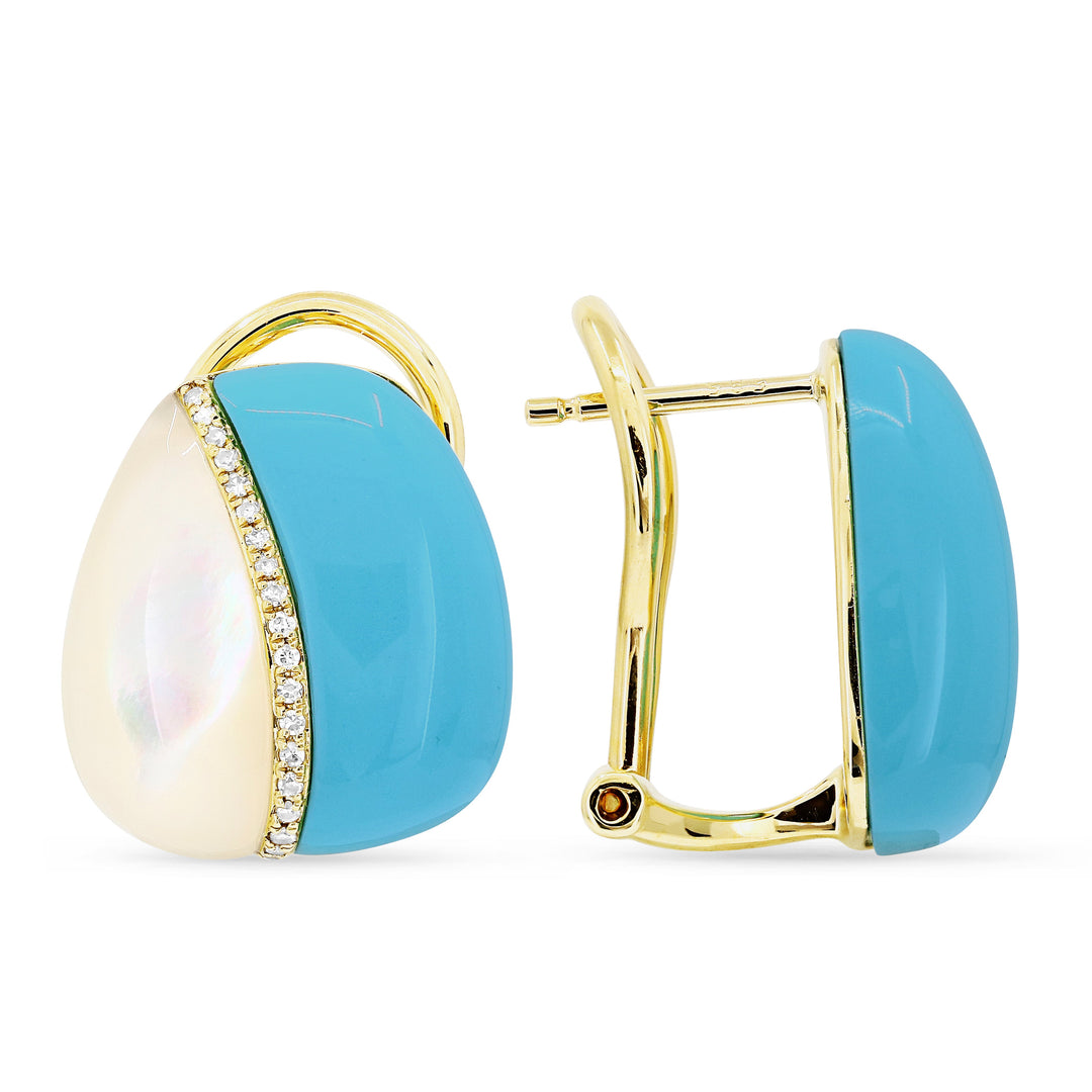 Beautiful Hand Crafted 14K Yellow Gold  Turquoise And Diamond Milano Collection Stud Earrings With A Omega Back Closure