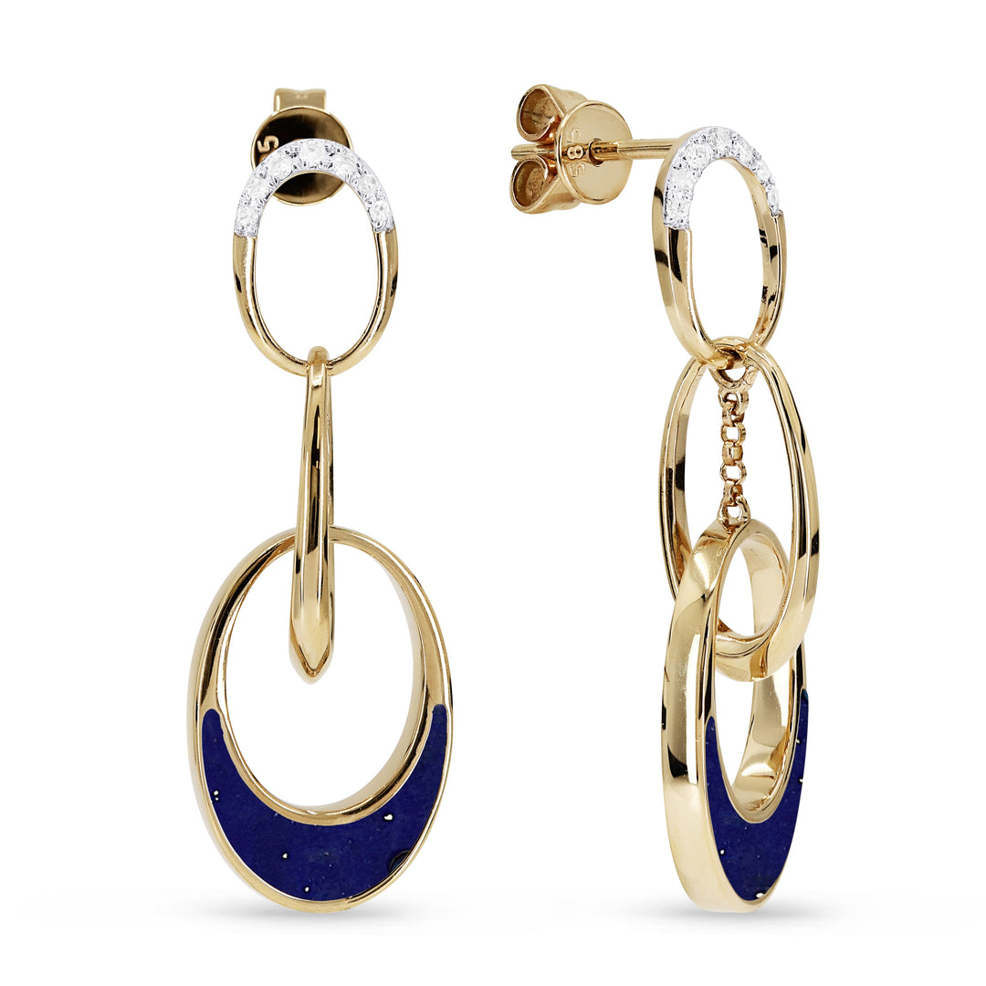 Beautiful Hand Crafted 14K Yellow Gold  Lapis Lazuli And Diamond Milano Collection Drop Dangle Earrings With A Lever Back Closure