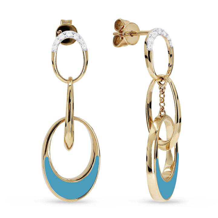Beautiful Hand Crafted 14K Yellow Gold  Turquoise And Diamond Milano Collection Drop Dangle Earrings With A Lever Back Closure