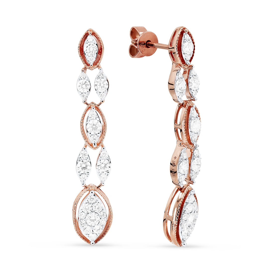 Beautiful Hand Crafted 14K Rose Gold White Diamond Milano Collection Drop Dangle Earrings With A Omega Back Closure