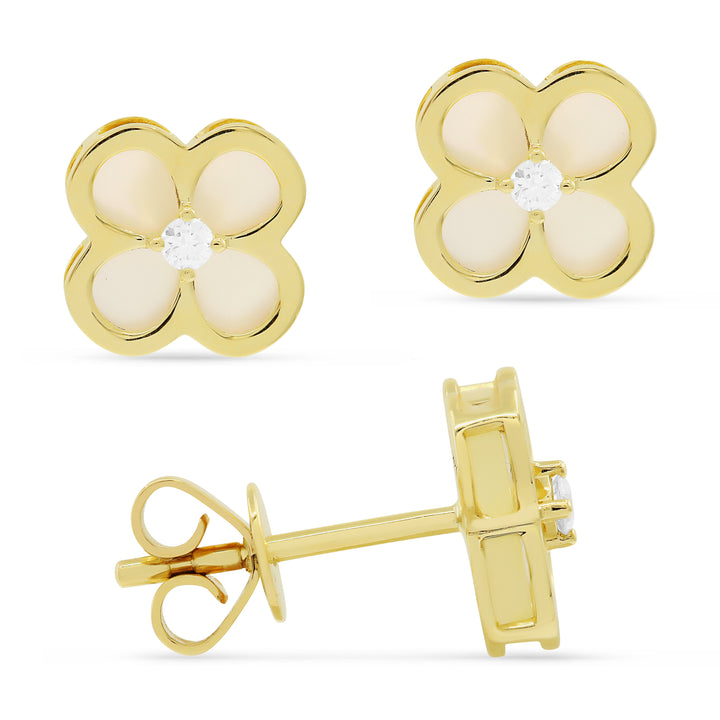 Beautiful Hand Crafted 14K Yellow Gold 10MM Mother Of Pearl And Diamond Milano Collection Stud Earrings With A Push Back Closure