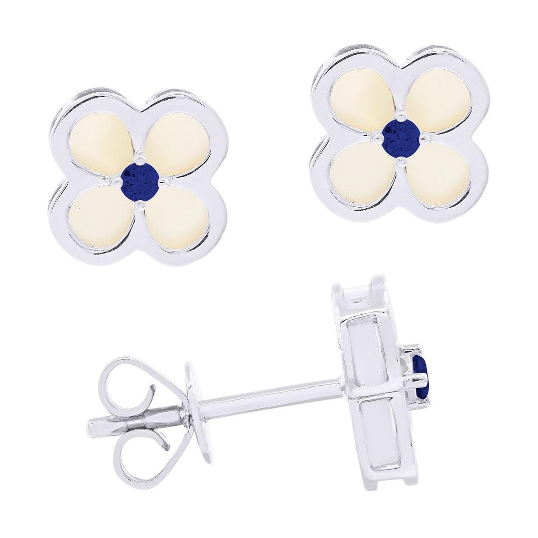 Beautiful Hand Crafted 14K White Gold 10MM Sapphire And Diamond Milano Collection Stud Earrings With A Push Back Closure