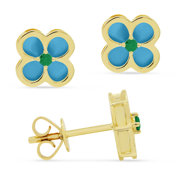 Beautiful Hand Crafted 14K Yellow Gold 10MM Turquoise And Diamond Milano Collection Stud Earrings With A Push Back Closure