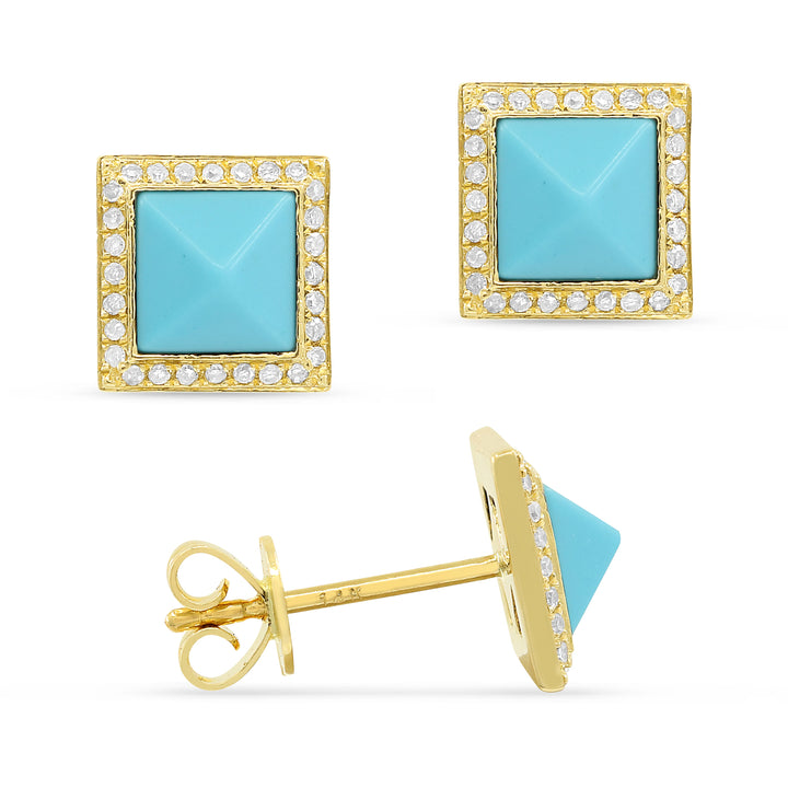 Beautiful Hand Crafted 14K Yellow Gold  Turquoise And Diamond Milano Collection Stud Earrings With A Push Back Closure