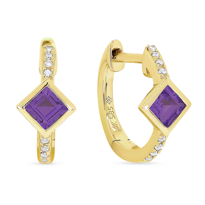 Beautiful Hand Crafted 14K Yellow Gold 3MM Amethyst And Diamond Essentials Collection Hoop Earrings With A Hoop Closure