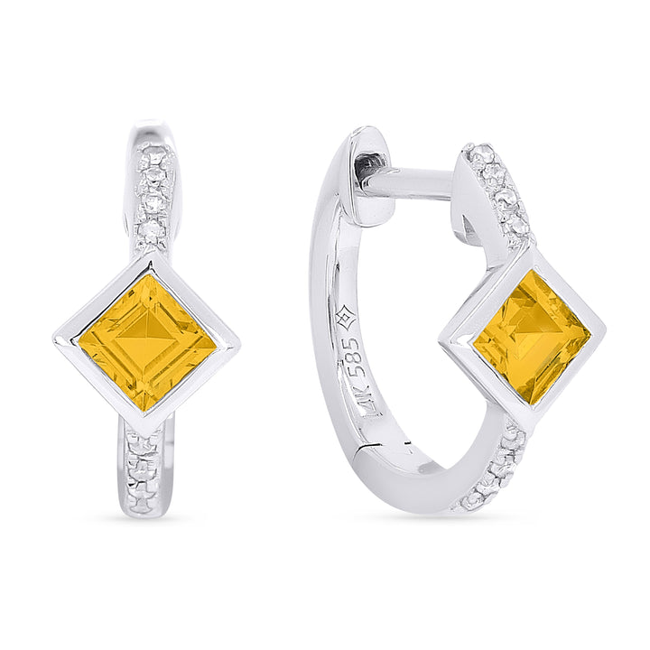 Beautiful Hand Crafted 14K White Gold 3MM Citrine And Diamond Essentials Collection Hoop Earrings With A Hoop Closure