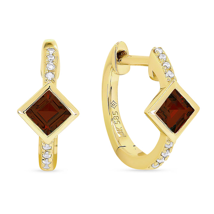 Beautiful Hand Crafted 14K Yellow Gold 3MM Garnet And Diamond Essentials Collection Hoop Earrings With A Hoop Closure